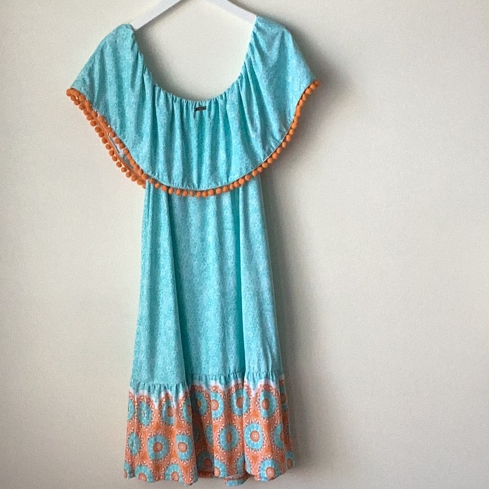 Cabana Life Aqua Citrus Off the Shoulder Pom Pom Dress Medium - Picture 4 of 11